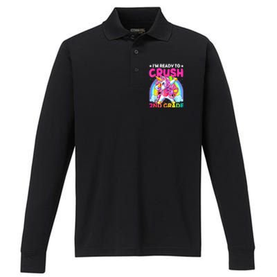 Im Ready To Crush 2nd Grade Dabbing Unicorn Back To School Performance Long Sleeve Polo