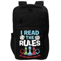 I Read The Rules Board Dice Chess Board Gaming Board Gamers Impact Tech Backpack