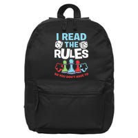 I Read The Rules Board Dice Chess Board Gaming Board Gamers 16 in Basic Backpack