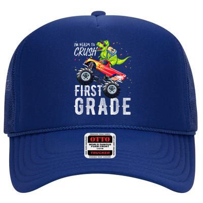 IM Ready To Crush First Grade Monster Truck Dinosaur High Crown Mesh Back Trucker Hat