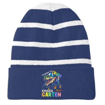 IM Ready To Crush Kindergarten Monster Truck Dinosaur Striped Beanie with Solid Band