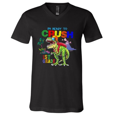 I'm Ready To Crush 1st Grade Back to School Dinosaur V-Neck T-Shirt