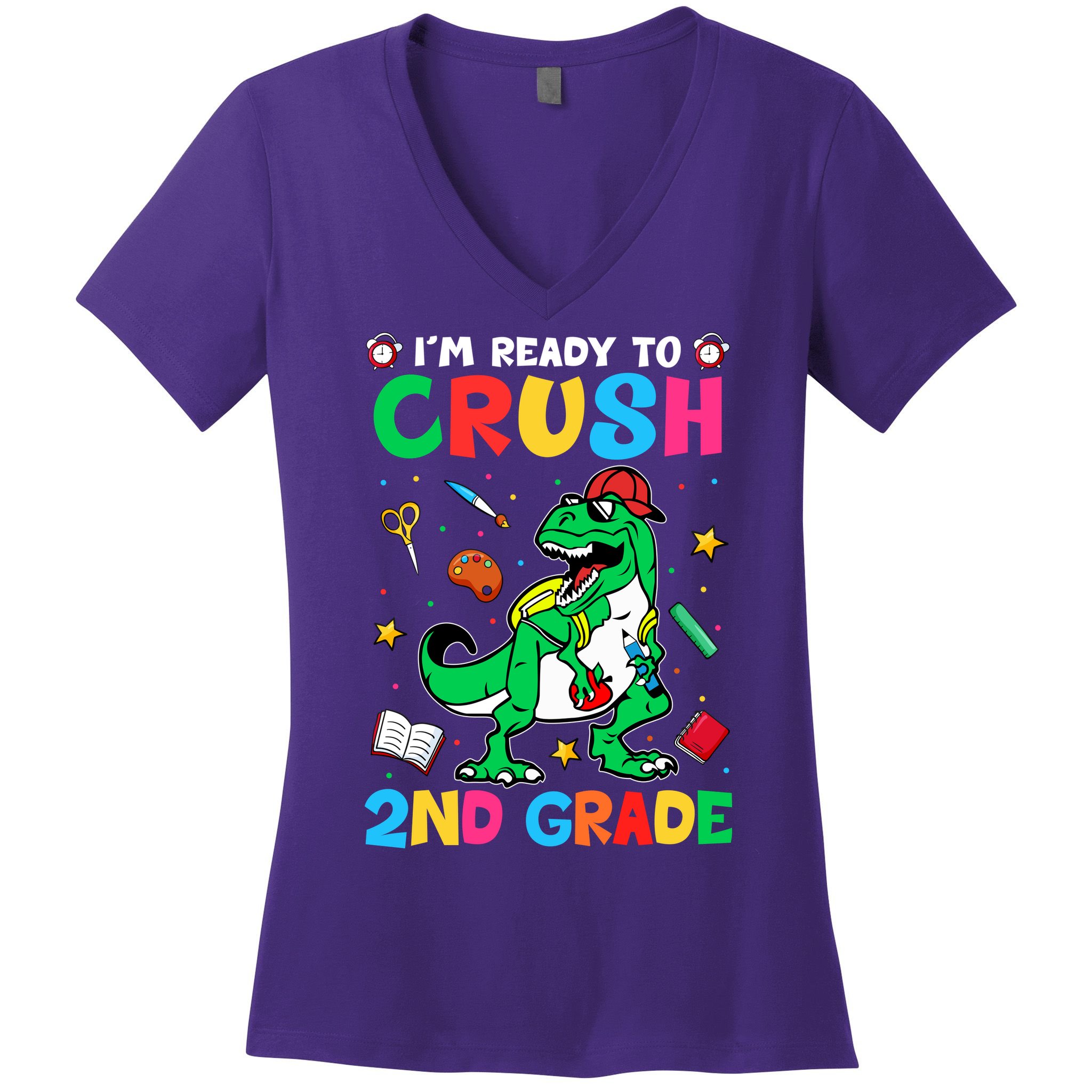I'm Ready To Crush 2nd Grade Dinosaur Back To School Women's V-Neck T-Shirt