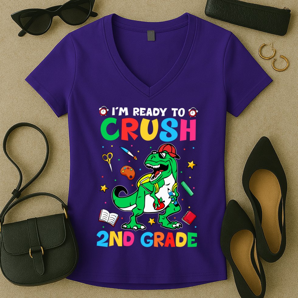 I'm Ready To Crush 2nd Grade Dinosaur Back To School Women's V-Neck T-Shirt