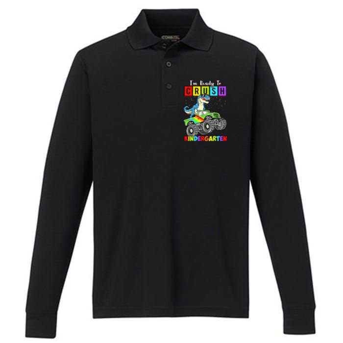 I'm Ready To Crush Kindergarten Dinosaur Back To School Performance Long Sleeve Polo