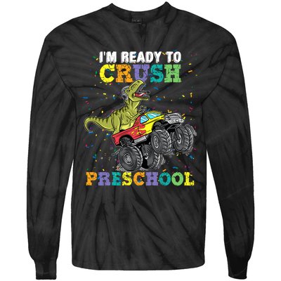 IM Ready To Crush Pre K Monster Truck Dinosaur T Rex Boy Tie-Dye Long Sleeve Shirt