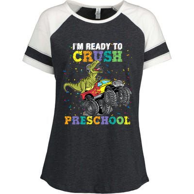 IM Ready To Crush Pre K Monster Truck Dinosaur T Rex Boy Enza Ladies Jersey Colorblock Tee