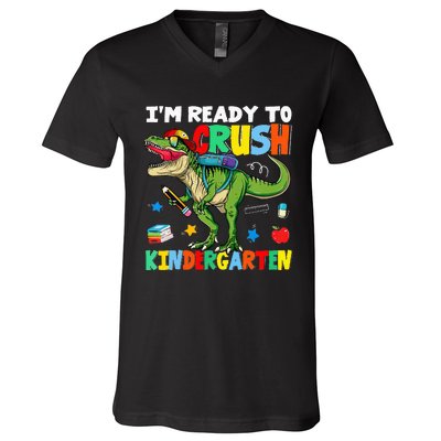 I'm Ready To Crush Kindergarten Back To School Dinosaur V-Neck T-Shirt