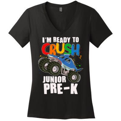 Im Ready To Crush Junior Pre K Shark Monster Truck Women's V-Neck T-Shirt