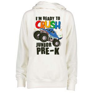 Im Ready To Crush Junior Pre K Shark Monster Truck Womens Funnel Neck Pullover Hood