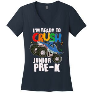 Im Ready To Crush Junior Pre K Shark Monster Truck Women's V-Neck T-Shirt