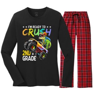 Im Ready To Crush 2nd Grade Dinosaur First Day Of School Women's Long Sleeve Flannel Pajama Set 