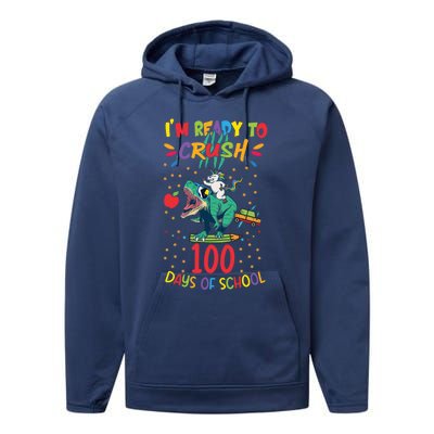 Im Ready To Crush 100 Days Of School Unicorn Riding Dinosaur Cool Gift Performance Fleece Hoodie