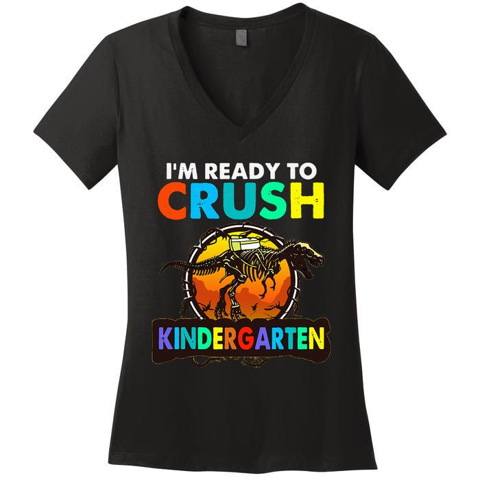 im ready to crush kindergarten back to school dinosaur Women's V-Neck T-Shirt