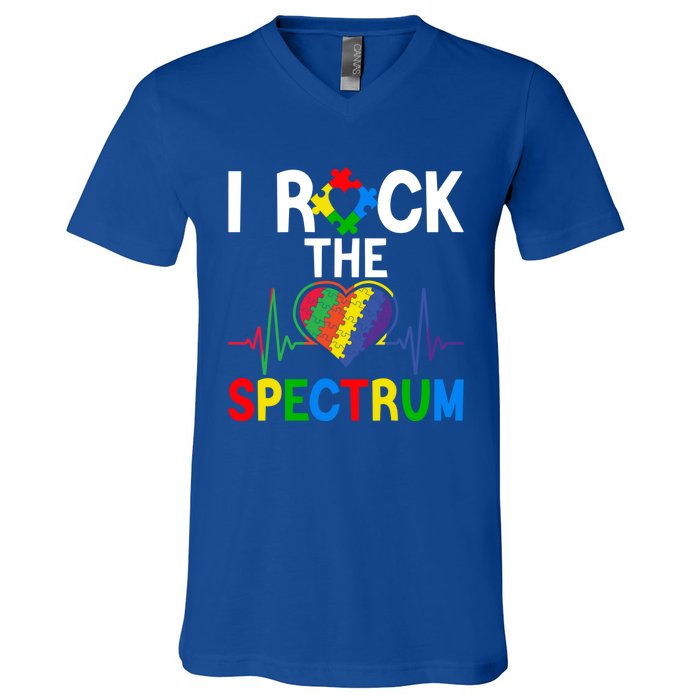 I Rock The Spectrum Autism Awareness Day Puzzle Heart Piece Gift V-Neck T-Shirt