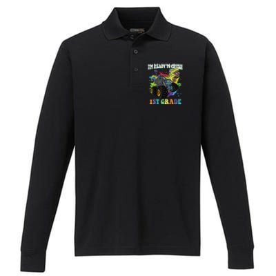 Im Ready To Crush 1st Grade Dinosaur Back To School Performance Long Sleeve Polo