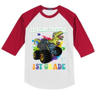 Im Ready To Crush 1st Grade Dinosaur Back To School Kids Colorblock Raglan Jersey