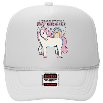 I'm Ready To Crush 1st Grade Rainbow Unicorn High Crown Mesh Back Trucker Hat