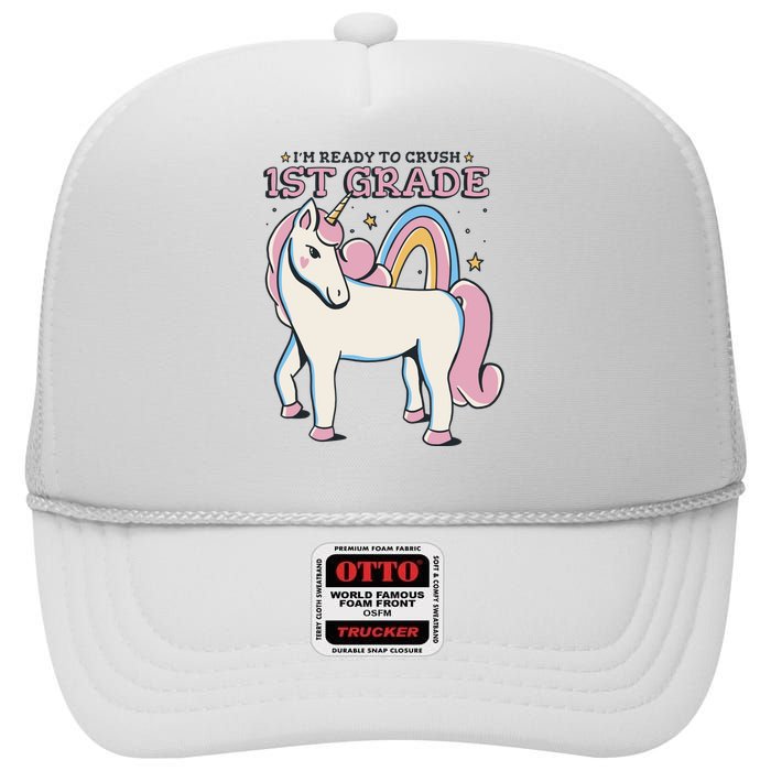 I'm Ready To Crush 1st Grade Rainbow Unicorn High Crown Mesh Back Trucker Hat