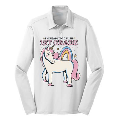 I'm Ready To Crush 1st Grade Rainbow Unicorn Silk Touch Performance Long Sleeve Polo