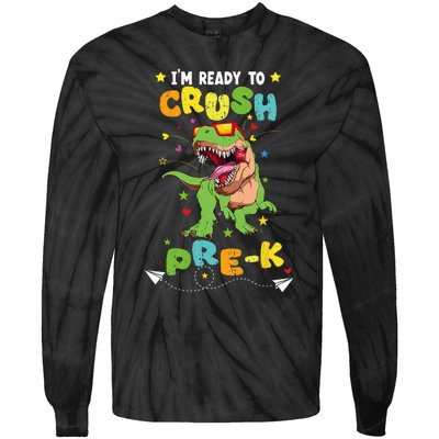 Im Ready To Crush Pre K T Rex Dinosaur Back To School Boy Tie-Dye Long Sleeve Shirt