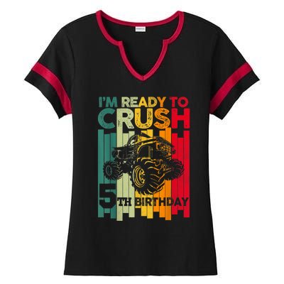 IM Ready To Crush 5 Monster Truck 5th Birthday Boy Retro Ladies Halftime Notch Neck Tee