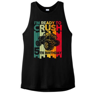 IM Ready To Crush 5 Monster Truck 5th Birthday Boy Retro Ladies PosiCharge Tri-Blend Wicking Tank