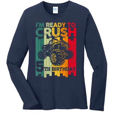 IM Ready To Crush 5 Monster Truck 5th Birthday Boy Retro Ladies Long Sleeve Shirt