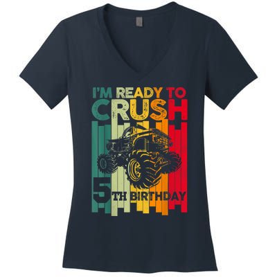 IM Ready To Crush 5 Monster Truck 5th Birthday Boy Retro Women's V-Neck T-Shirt