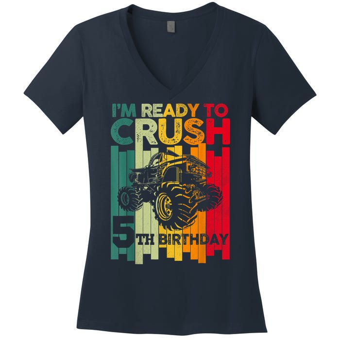 IM Ready To Crush 5 Monster Truck 5th Birthday Boy Retro Women's V-Neck T-Shirt