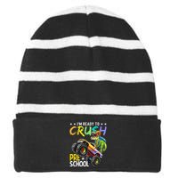 Im Ready To Crush Preschool Dinosaur First Day Of School Striped Beanie with Solid Band