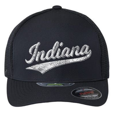 Indiana Retro Vintage Baseball Sports Script Flag Swoosh Flexfit Unipanel Trucker Cap