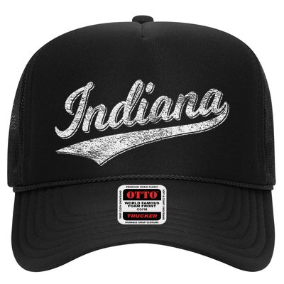 Indiana Retro Vintage Baseball Sports Script Flag Swoosh Trucker Hat