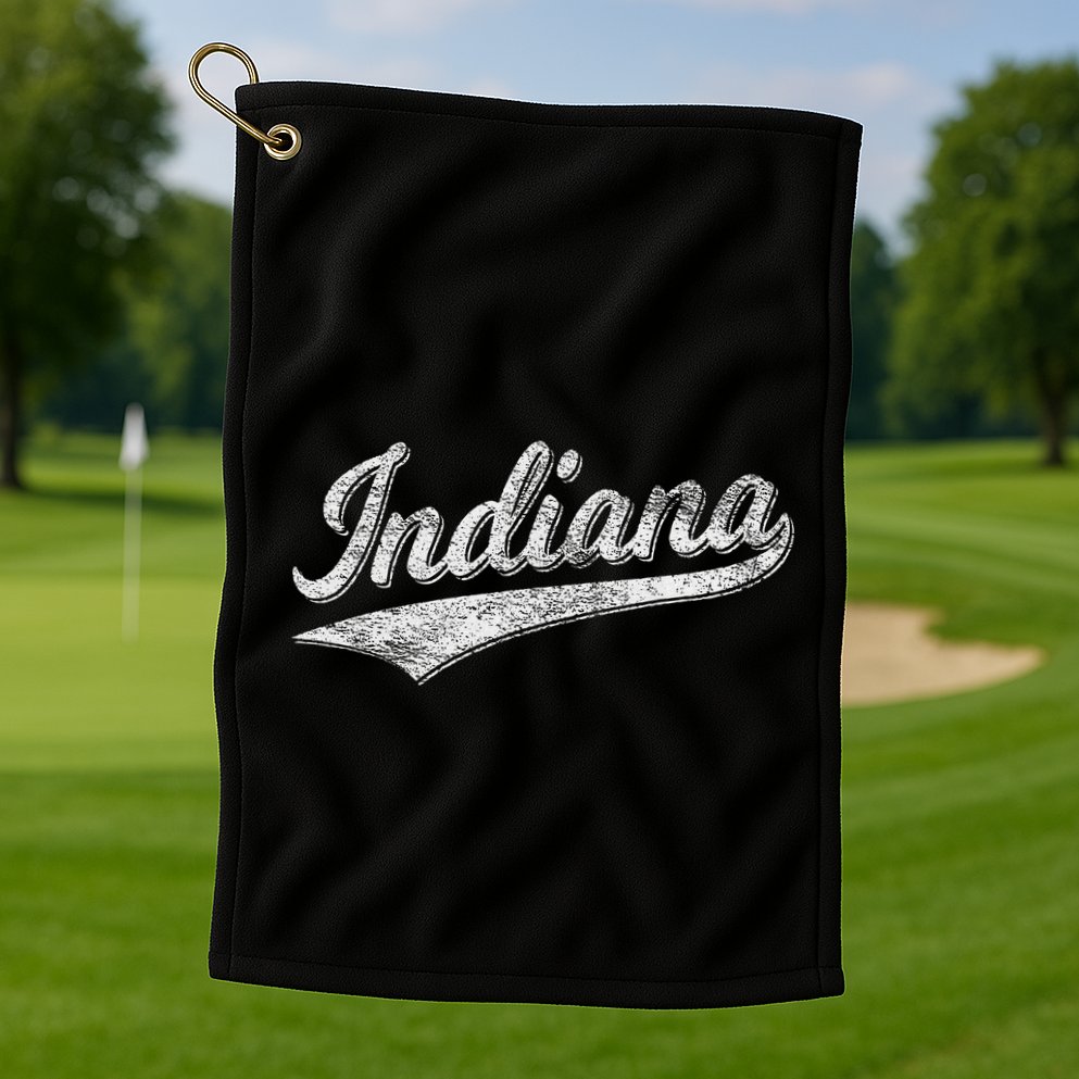 Indiana Retro Vintage Baseball Sports Script Flag Swoosh Golf Towel