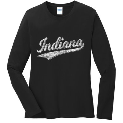 Indiana Retro Vintage Baseball Sports Script Flag Swoosh Ladies Long Sleeve Shirt