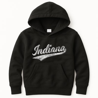 Indiana Retro Vintage Baseball Sports Script Flag Swoosh Kids Hoodie