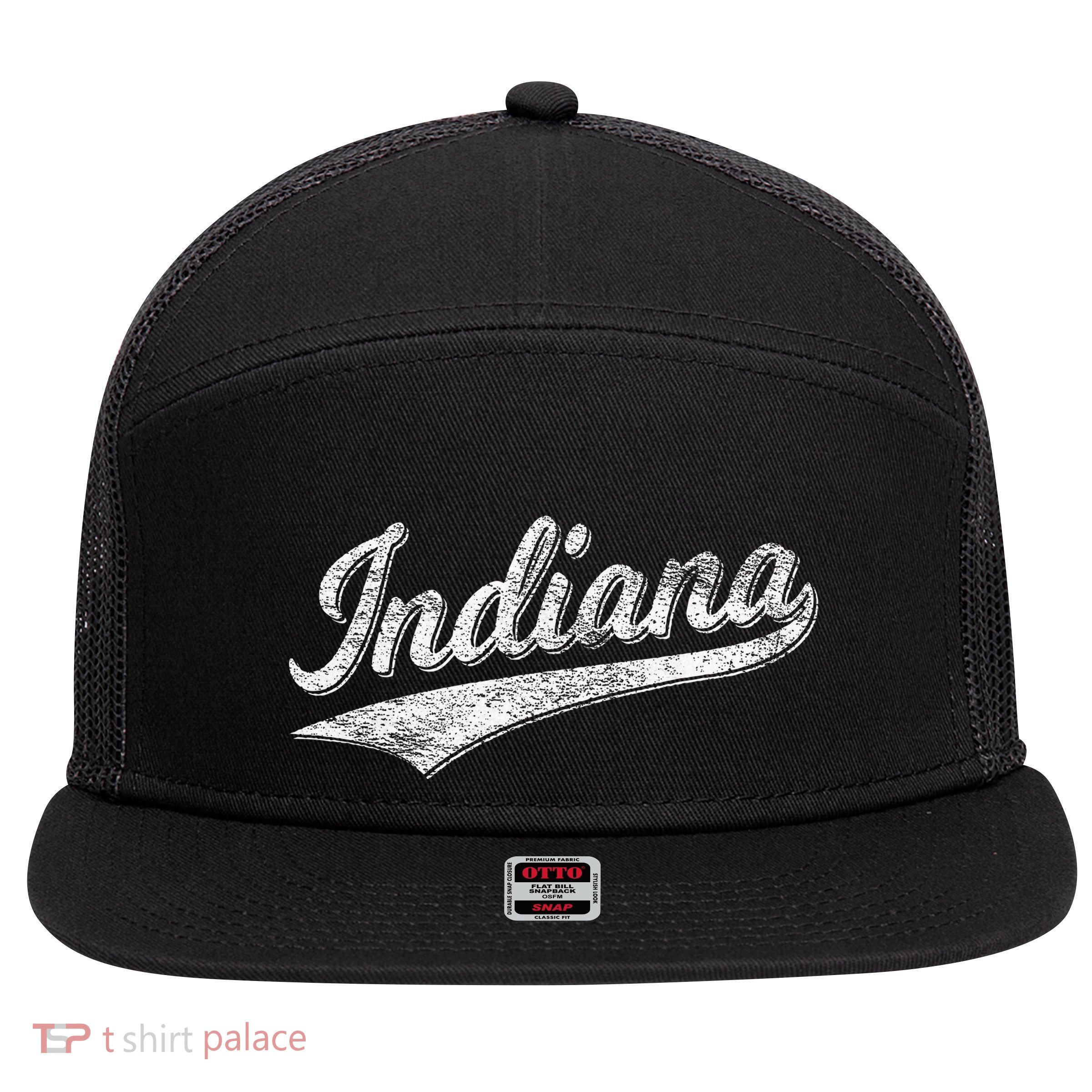 Indiana Retro Vintage Baseball Sports Script Flag Swoosh 7 Panel Mesh Trucker Snapback Hat
