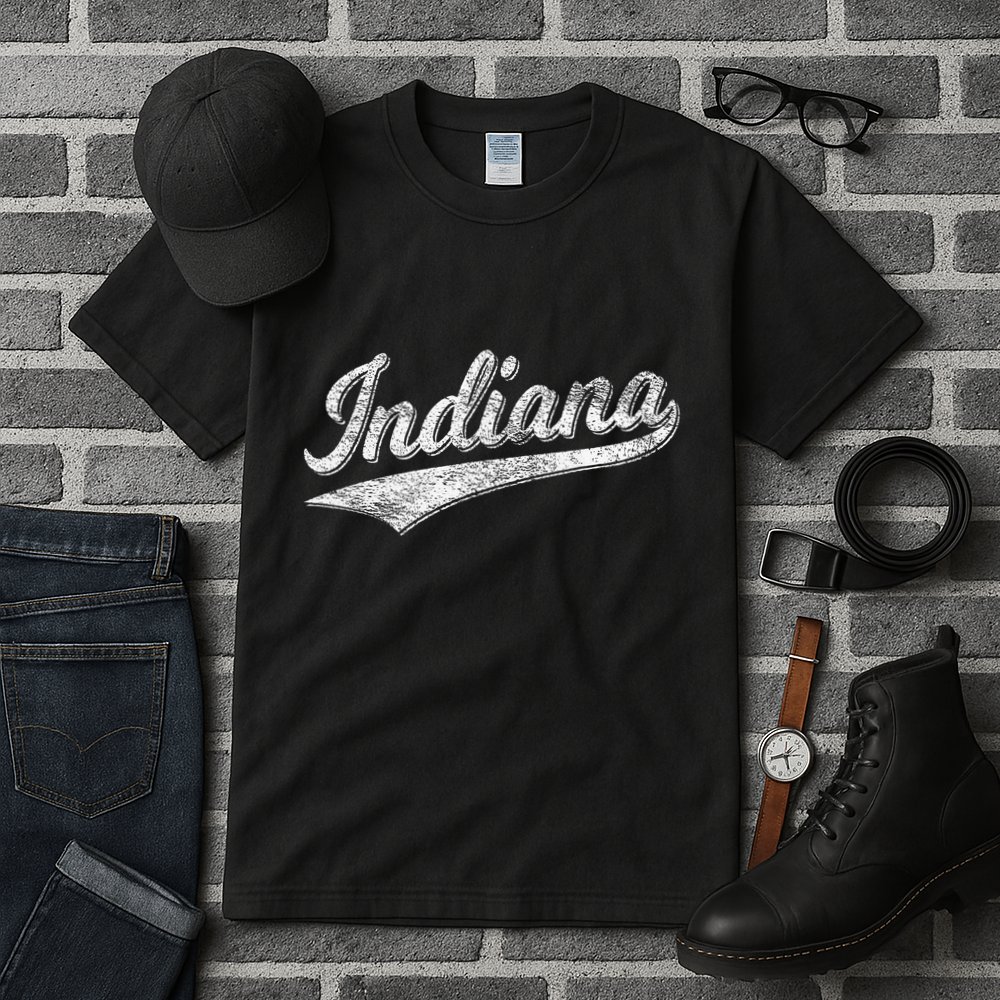 Indiana Retro Vintage Baseball Sports Script Flag Swoosh Tall T-Shirt