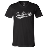 Indiana Retro Vintage Baseball Sports Script Flag Swoosh V-Neck T-Shirt