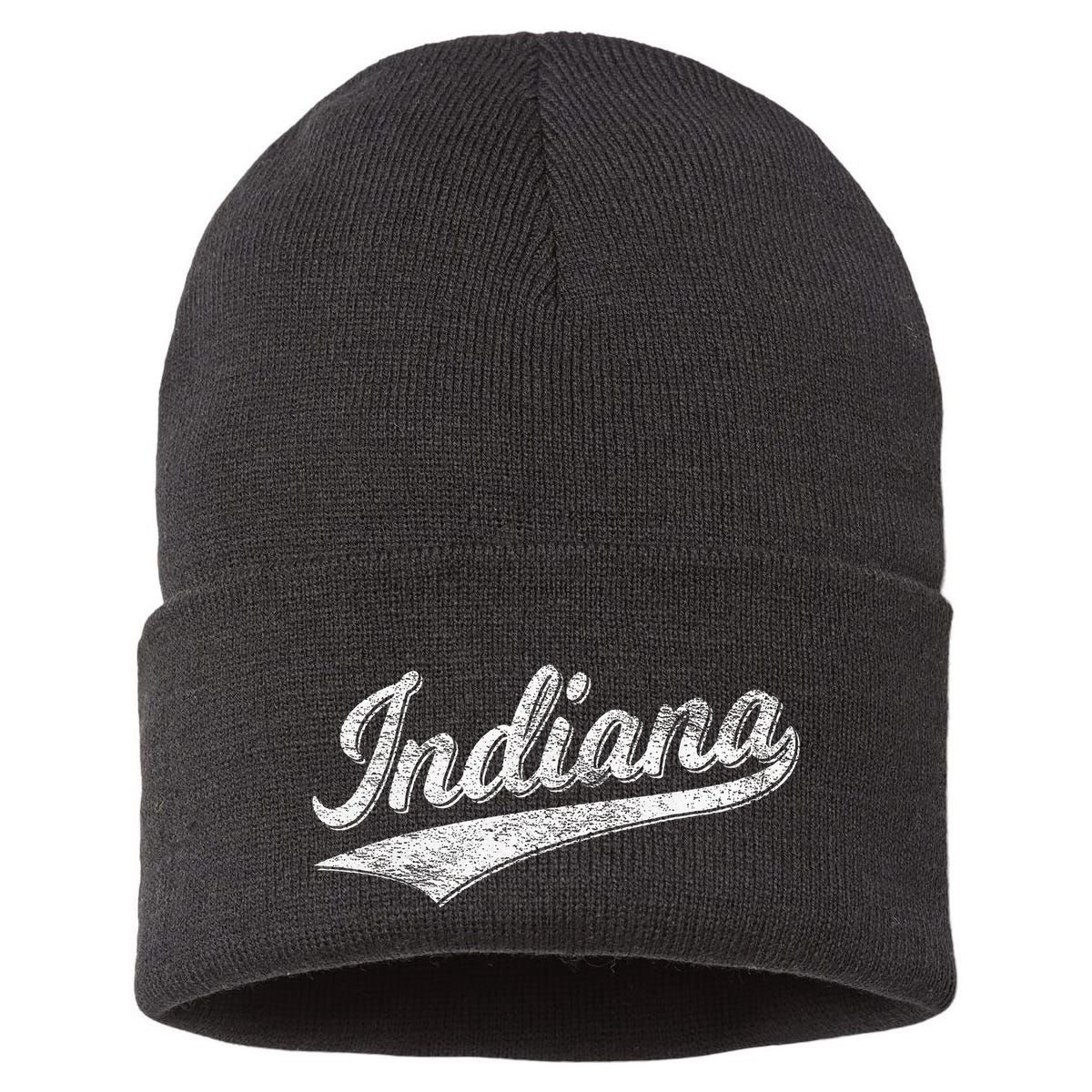 Indiana Retro Vintage Baseball Sports Script Flag Swoosh Sustainable Knit Beanie