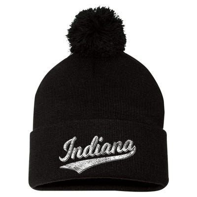 Indiana Retro Vintage Baseball Sports Script Flag Swoosh Pom Pom 12in Knit Beanie