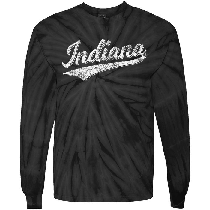 Indiana Retro Vintage Baseball Sports Script Flag Swoosh Tie-Dye Long Sleeve Shirt