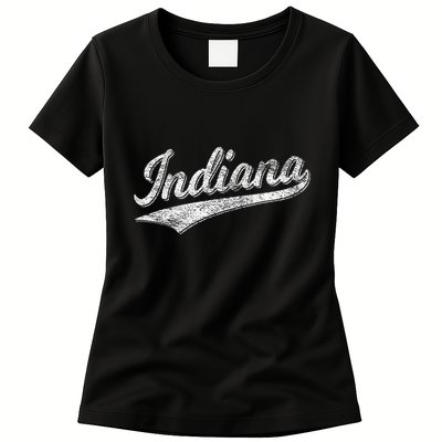 Indiana Retro Vintage Baseball Sports Script Flag Swoosh Womens T-Shirt