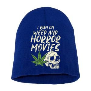 I Run Weed Horror Movies Skull Funny Halloween Stoner Gift Short Acrylic Beanie