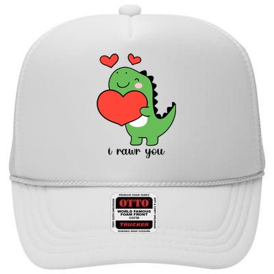 I Rawr You Cute Dinosaur Love Valentines Day High Crown Mesh Back Trucker Hat