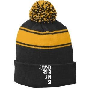 Is My Bike Okay? Upside Down Motorcycle Logo Stripe Pom Pom Beanie