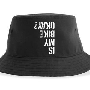 Is My Bike Okay? Upside Down Motorcycle Logo Sustainable Bucket Hat