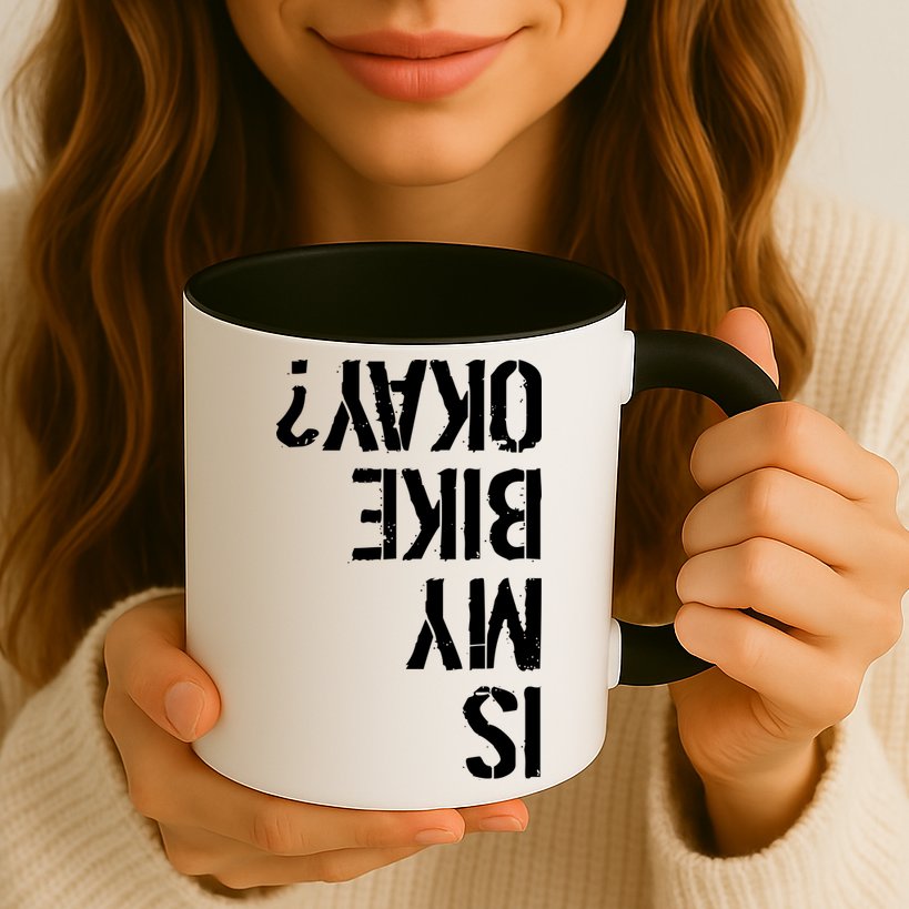Is My Bike Okay? Upside Down Motorcycle Logo Mug