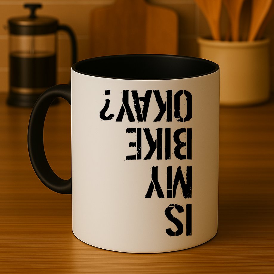 Is My Bike Okay? Upside Down Motorcycle Logo Mug