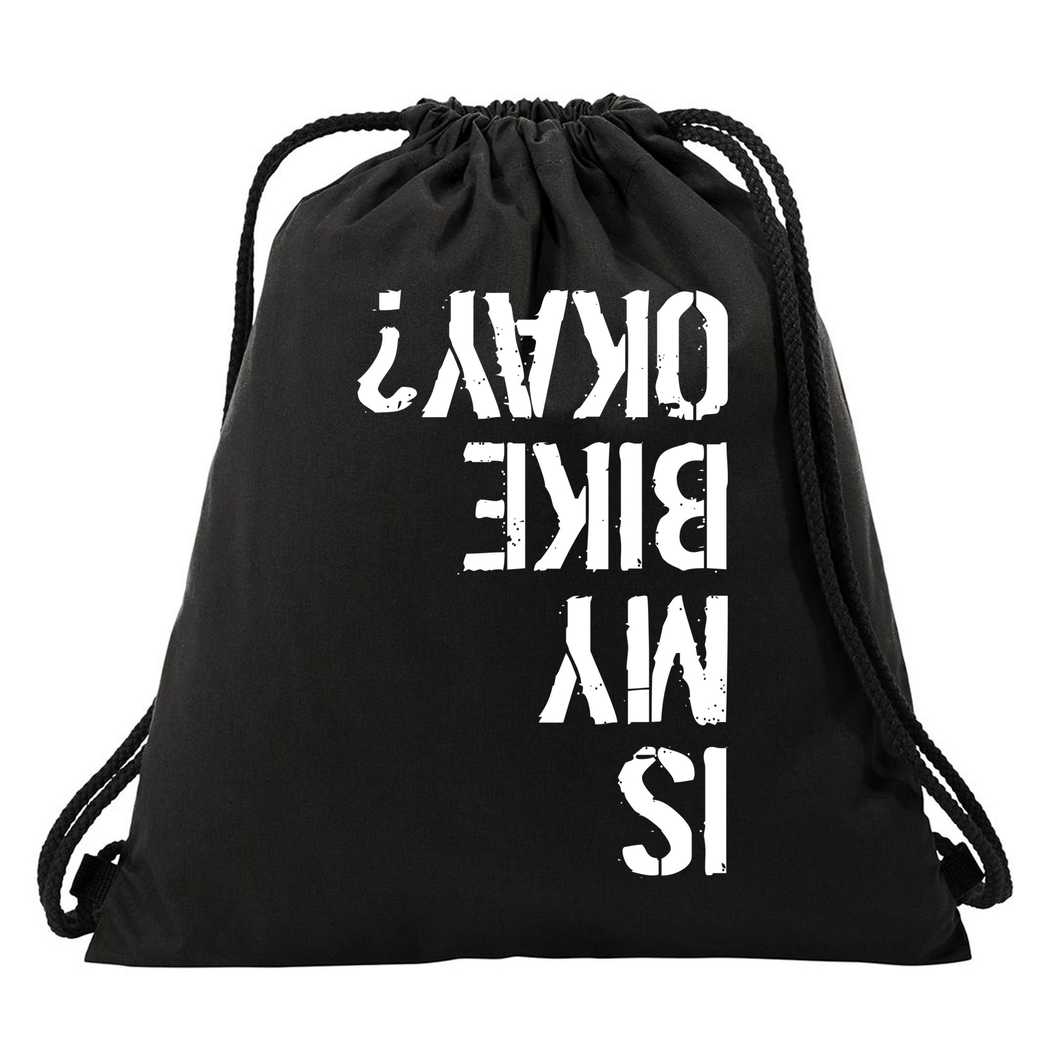 Is My Bike Okay? Upside Down Motorcycle Logo Drawstring Bag